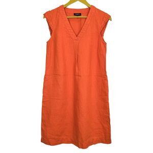 Caroll Paris Size 38 Linen Shift Midi Dress Orange V-Neck Pockets Lagenlook Boho